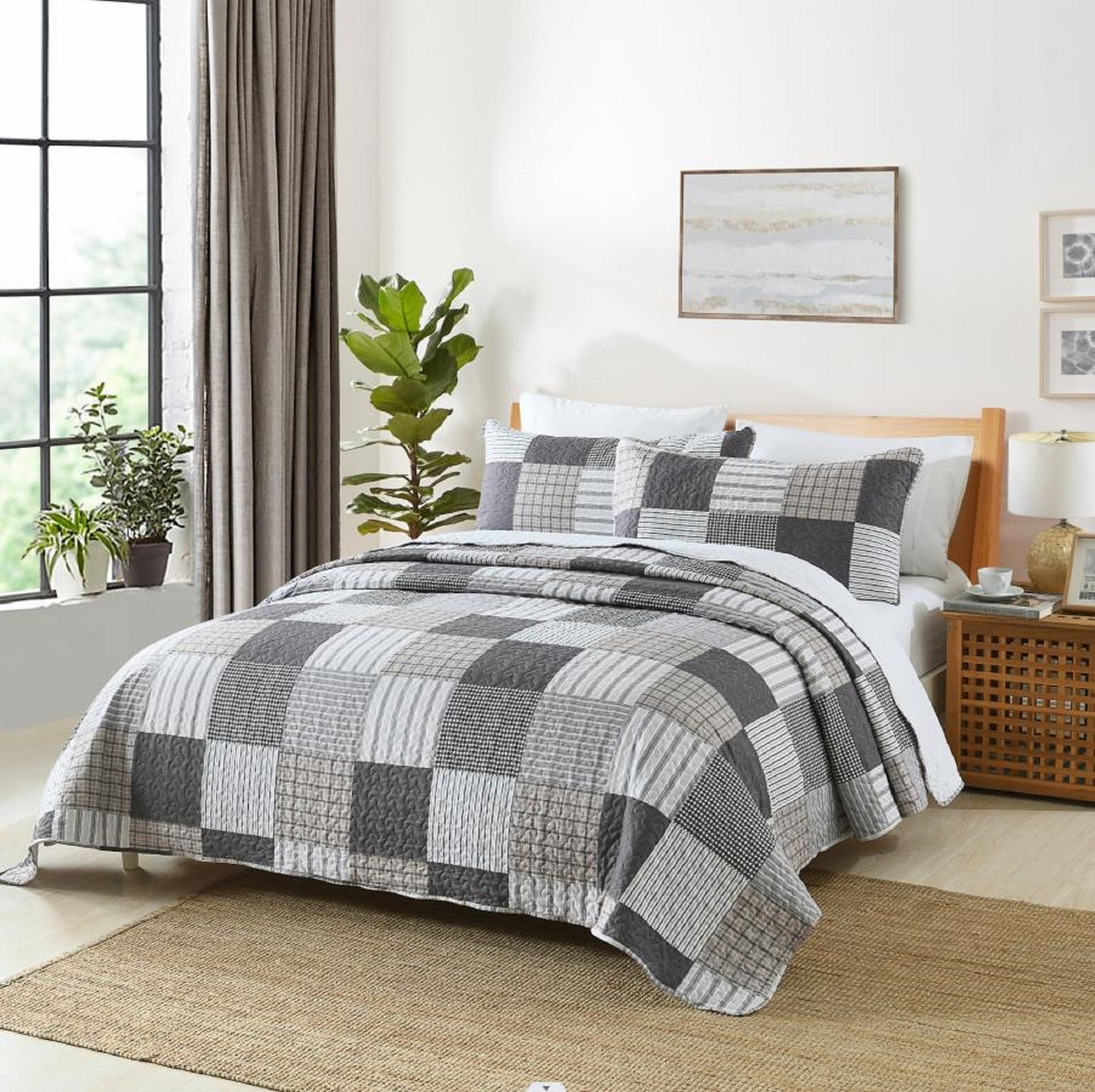 King Queen Quilt Set, Greagle 3-Piece Soft Warm Lightweight King Queen Size Summer Quilt Bedspread Machine Washable Bedding Set with 2-Piece Pillow Shams, 90x90 / 104x90 inch Plaid Print