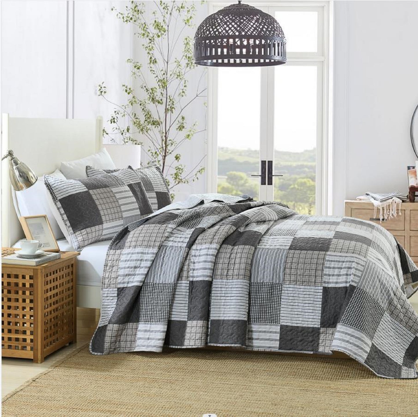 King Queen Quilt Set, Greagle 3-Piece Soft Warm Lightweight King Queen Size Summer Quilt Bedspread Machine Washable Bedding Set with 2-Piece Pillow Shams, 90x90 / 104x90 inch Plaid Print
