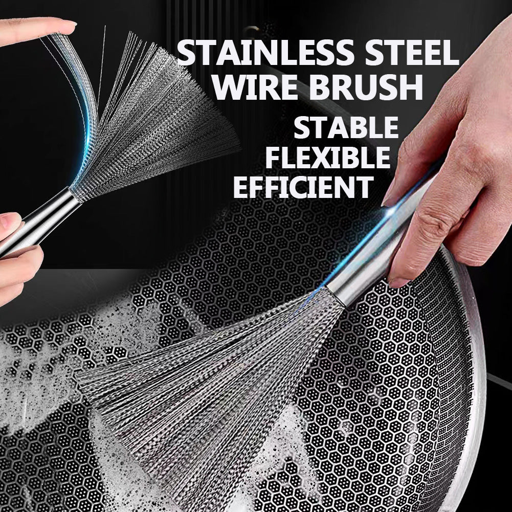 Stainless Steel Wire Brush for Cast Iron Pans, Wire Brush Cleaner for Stain Removal Heavy Duty Metal Brush Tool for Kitchen, 5.5 in Long Handle Grip for Flexible Cleaning