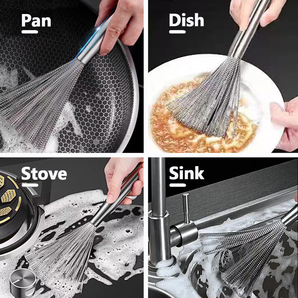 Stainless Steel Wire Brush for Cast Iron Pans, Wire Brush Cleaner for Stain Removal Heavy Duty Metal Brush Tool for Kitchen, 5.5 in Long Handle Grip for Flexible Cleaning