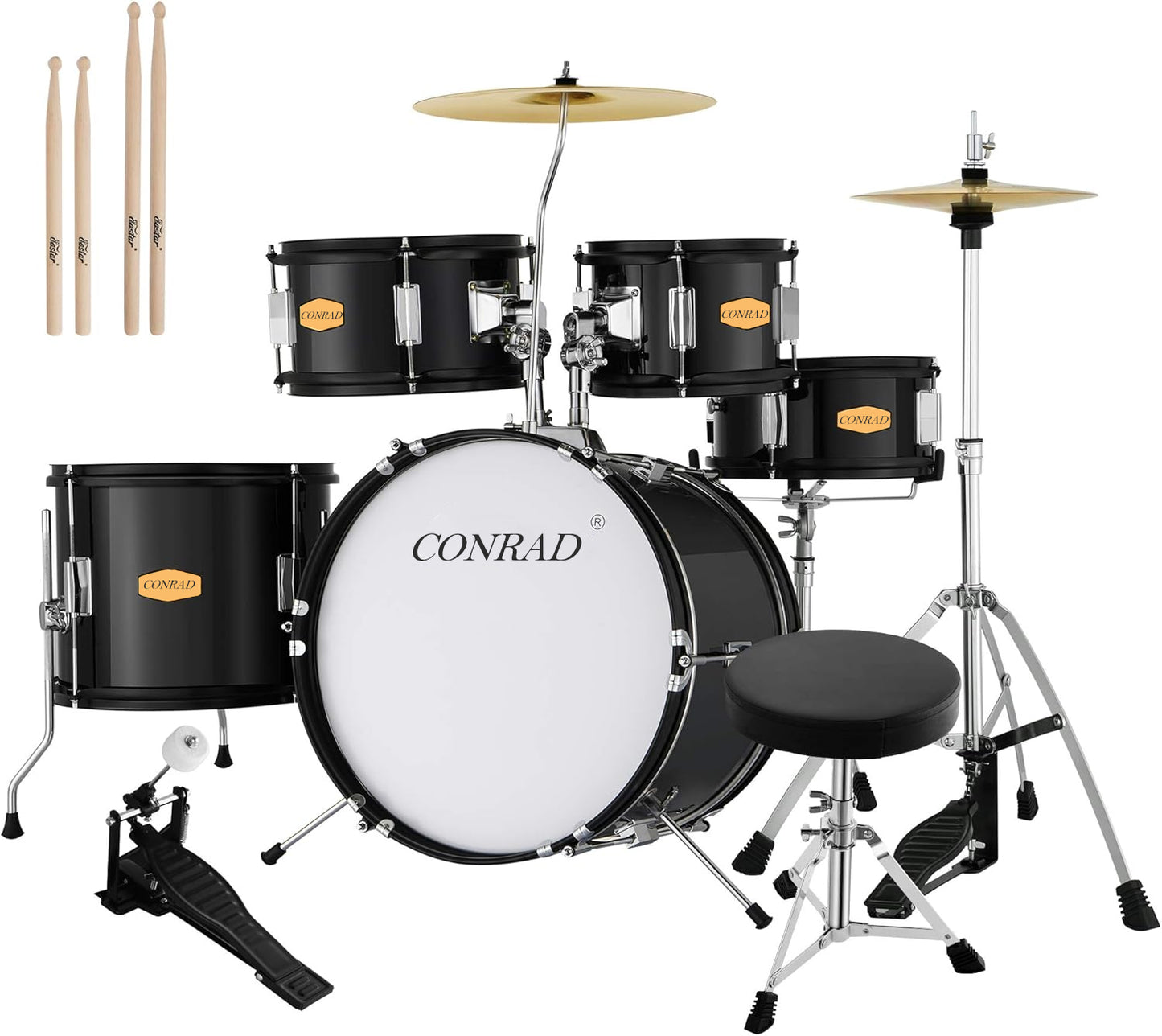 CONRAD Drum Set 22 inch for Adults, 5 Piece Full Size Drum Kit Junior Beginner with Pedal Cymbals Stands Stool and Sticks, Mirror Black