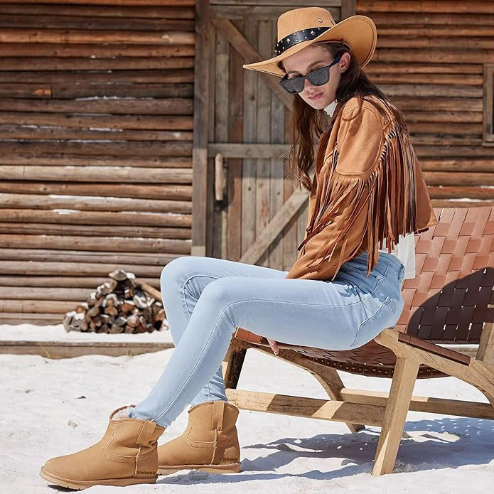 Diehena100% Genuine Leather Ankle Boots for Women, Warm Slip on Winter Boots Snow Booties