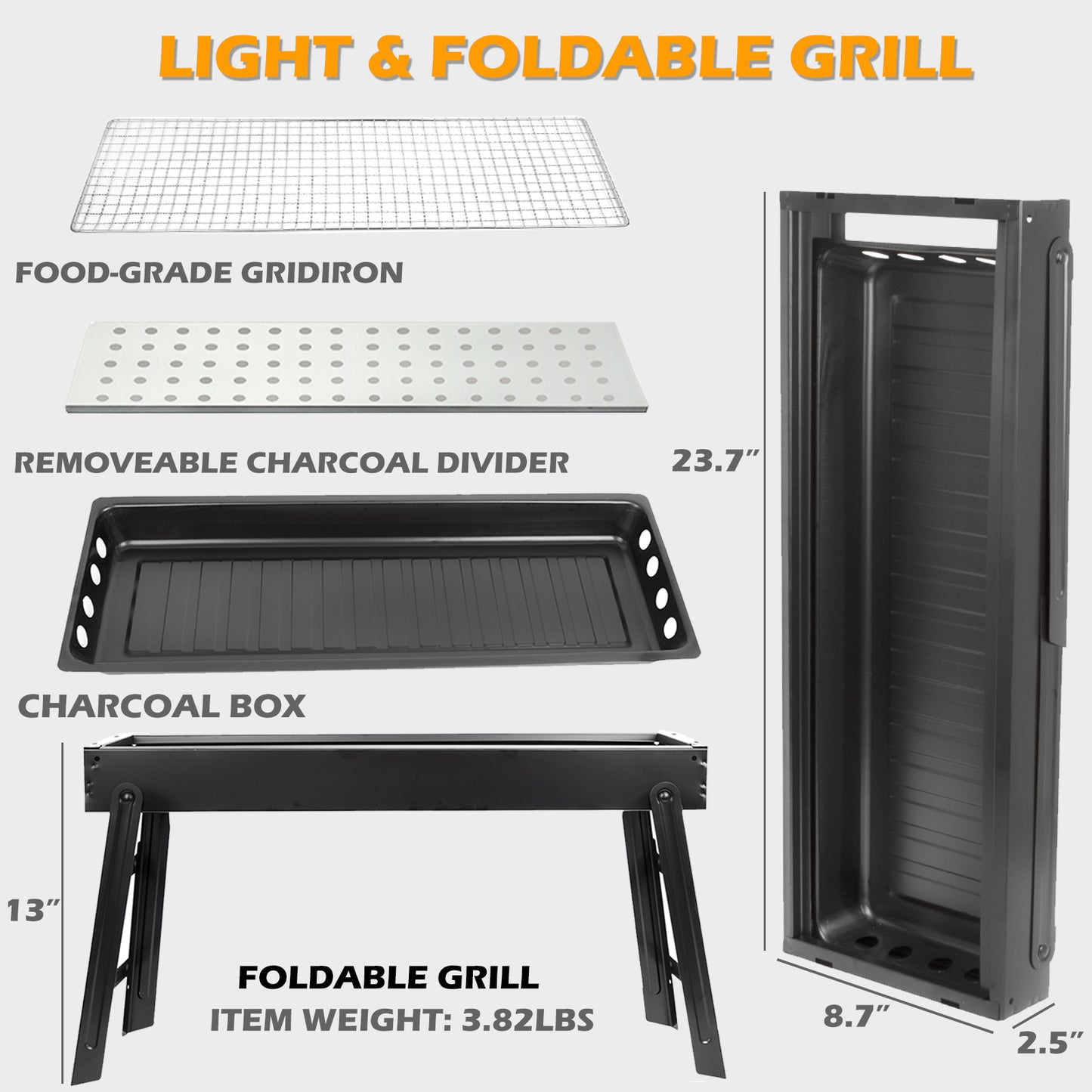 Portable Barbecue Charcoal Grill, Folding Camping Grill 24“ for BBQ