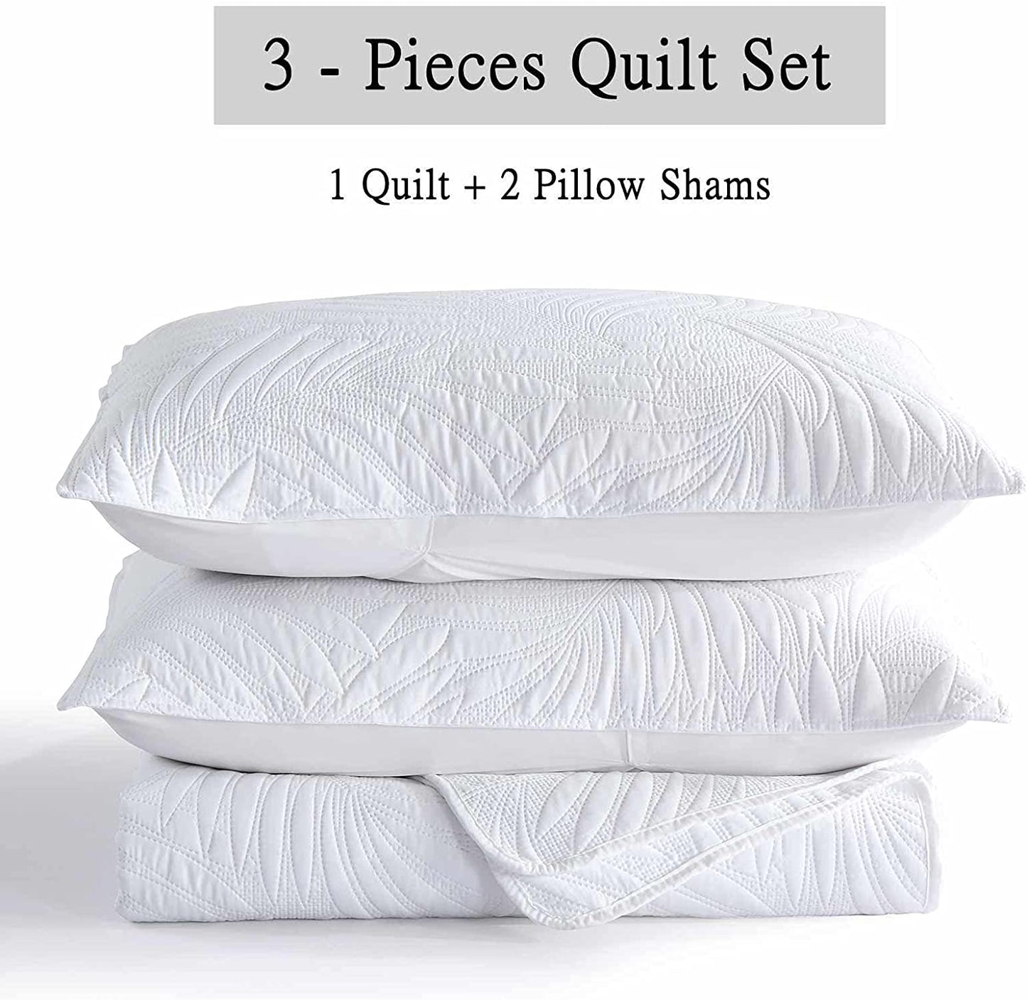 3-Piece Queen White Quilt Set,Lightweight Soft Warm Full Size Quilt Bedspread Coverlet with 2 Pillow Shams for All Season