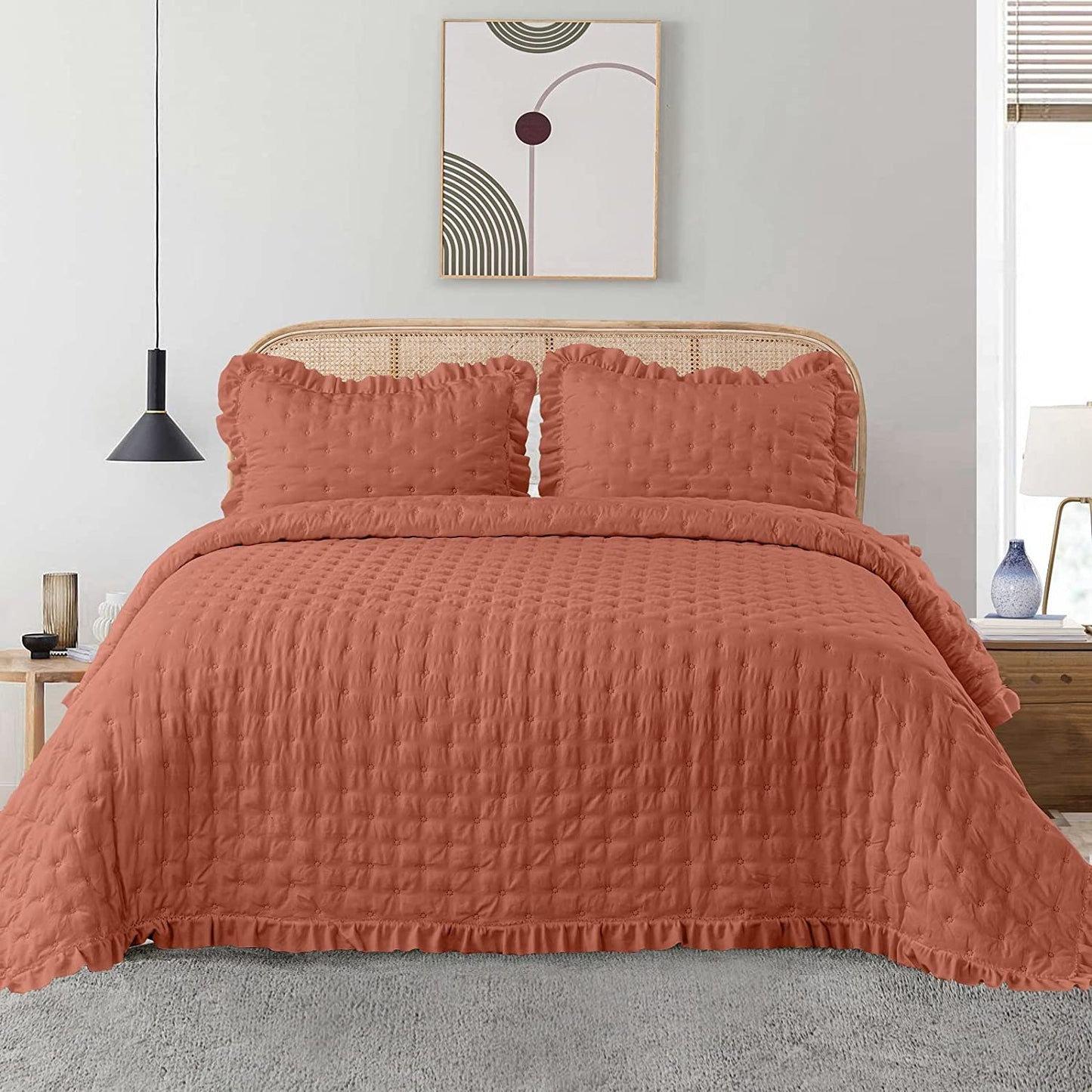 3-Piece King Burnt Orange Quilt Set,Soft Warm Ultrasonic Reversible Pleated Ruffled Coverlet Bedspread Set (104 x 90 Inch) with 2 Pillow Sham (20 x 36 Inch)