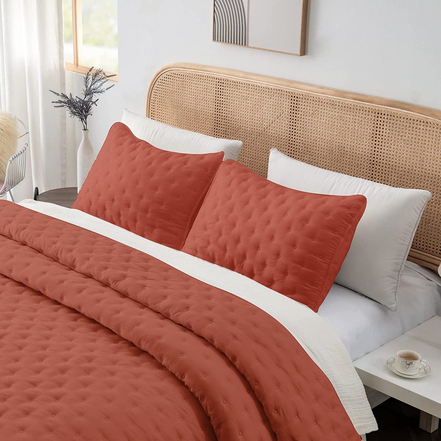 3-Piece King/Queen Burnt Orange Quilt Set,Soft Warm Ultrasonic Reversible Rust Coverlet Bedspread Set with 2 Pillow Sham
