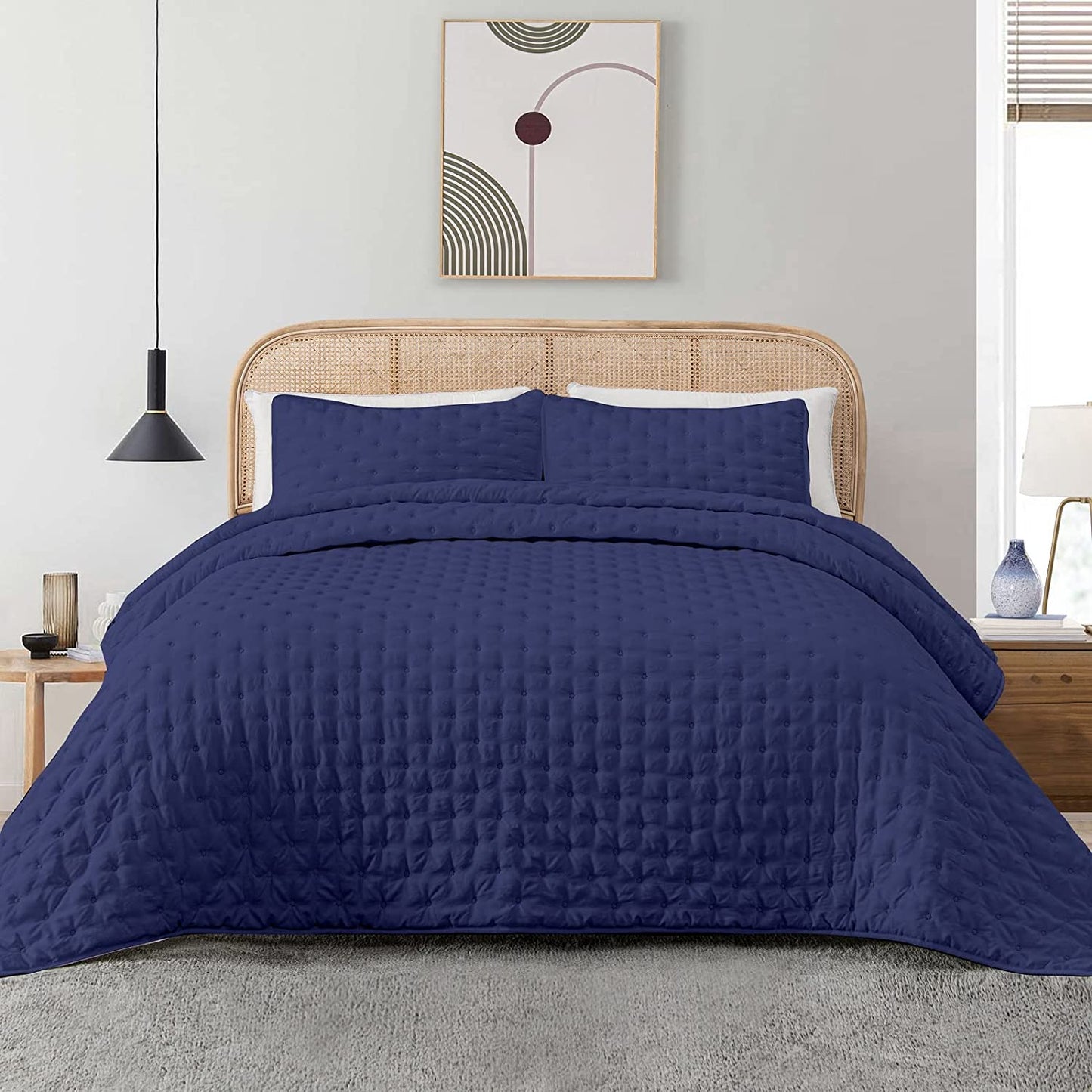 3-Piece King Navy Blue Quilt Set,Soft Warm Ultrasonic Reversible Coverlet Bedspread Set with 2 Pillow Sham