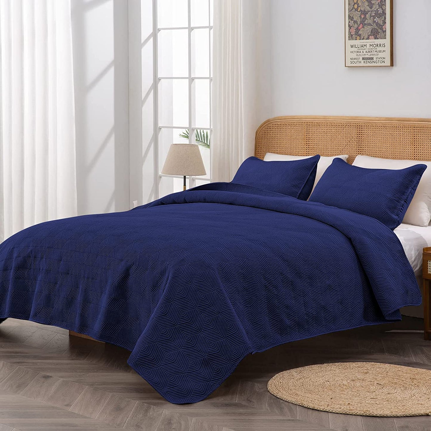 3-Piece Navy Blue Queen Size Quilt Set,Soft Warm Geometric Ultrasonic Reversible Coverlet Bedspread Set (90 x 90 Inch) with 2 Pillow Sham (20 x 26 Inch)