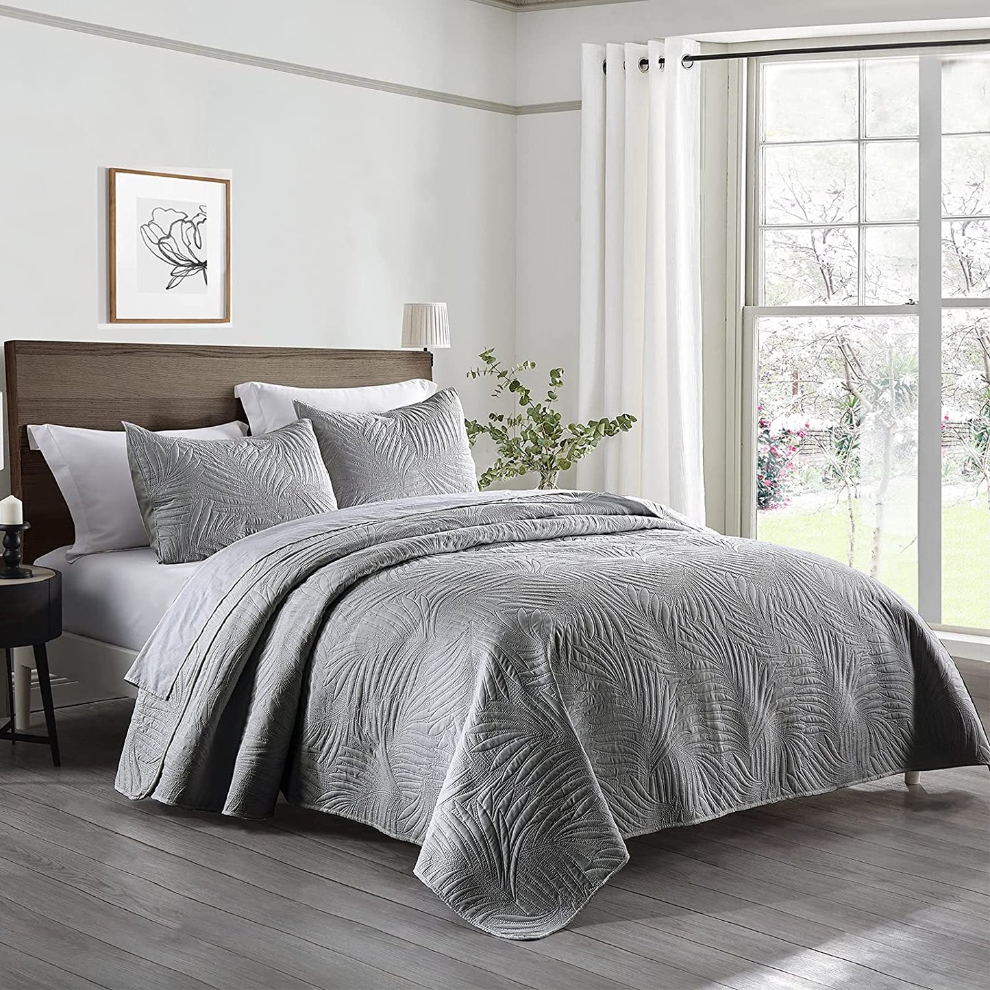 3-Piece Queen Grey Quilt Set,Lightweight Soft Warm Full Size Quilt Bedspread Coverlet with 2 Pillow Shams for All Season