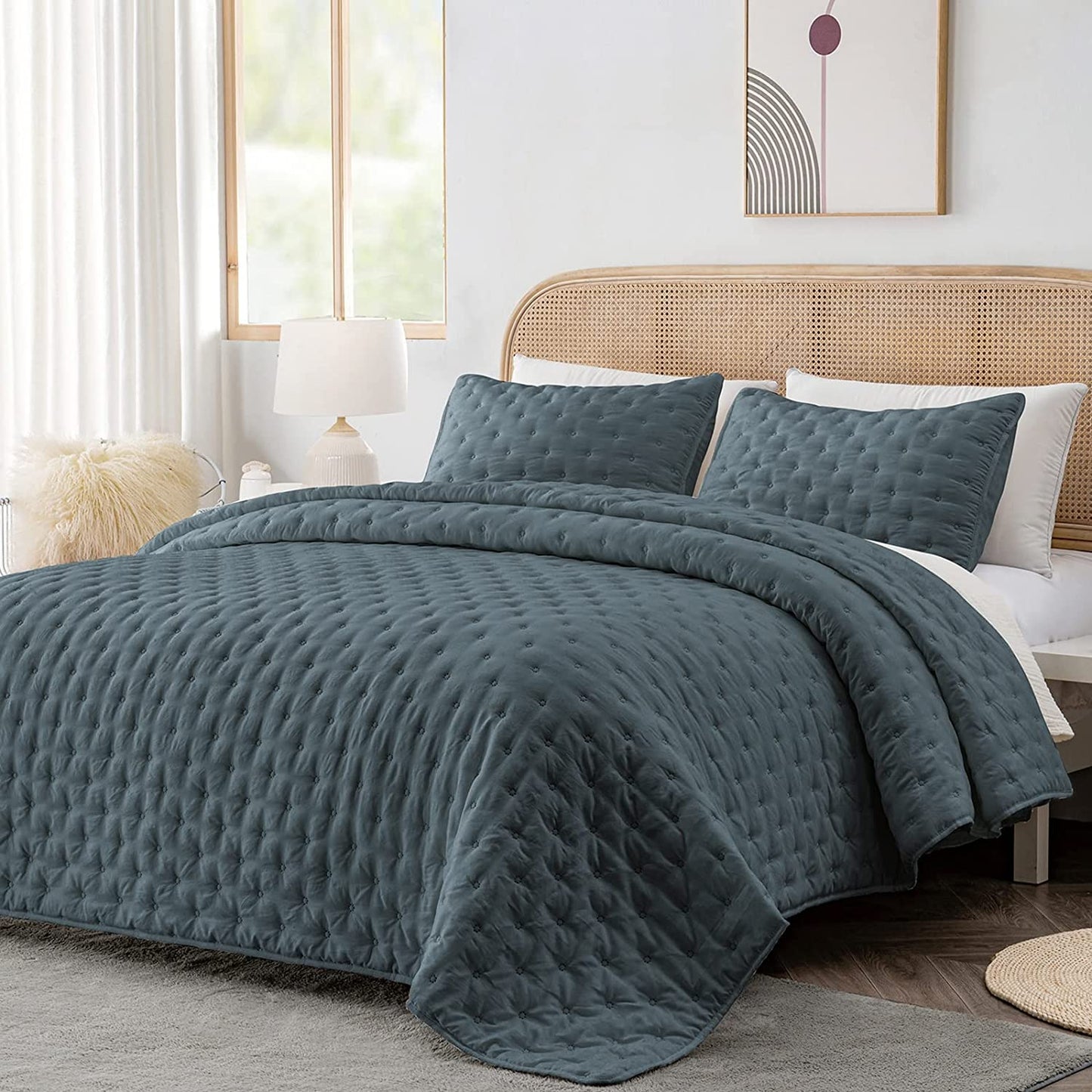 3-Piece Queen Dark Slate Grey Quilt Set,Soft Warm Ultrasonic Reversible Coverlet Bedspread Set with 2 Pillow Sham