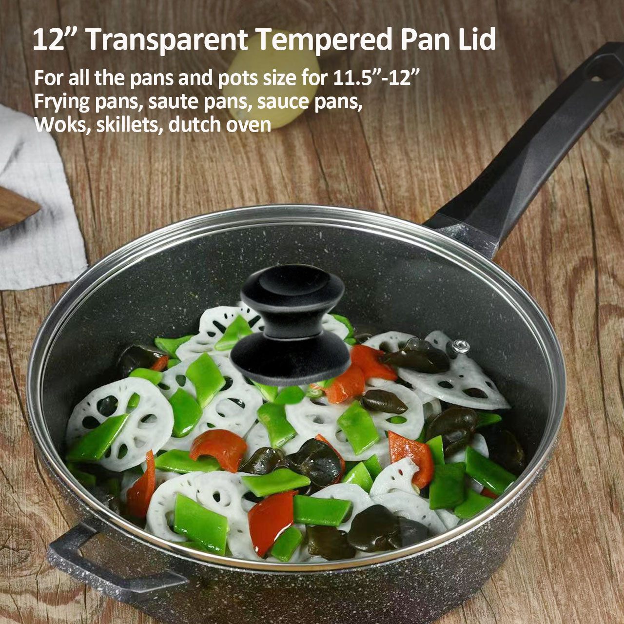 Glass Lid for Frying Pan, Tempered Replacement Cover Compatible with All 12 inches Cookware for Skillets, Round Cast Iron, Cast Aluminium, Stainless Steel Pans &Pots