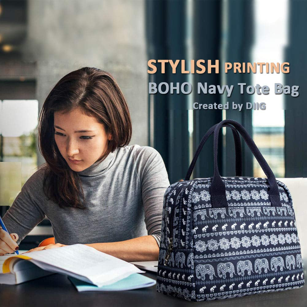 Boho Lunch Bag for Women Girls, Reusable Insulated Cooler Cute Lunch Tote Bag for School Picnic, Elephant Print