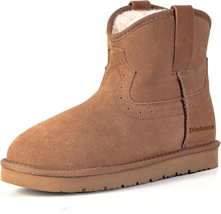 Diehena100% Genuine Leather Ankle Boots for Women, Warm Slip on Winter Boots Snow Booties