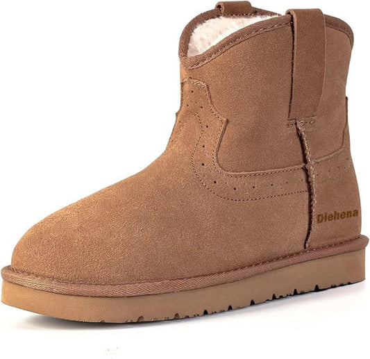 Diehena100% Genuine Leather Ankle Boots for Women, Warm Slip on Winter Boots Snow Booties