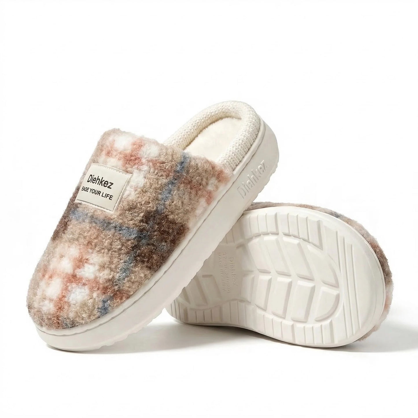 Diehkez Unisex Fuzzy Slippers, Warm Plush Sherpa Indoor House Shoes with Memory Foam Cushion, Non-Slip EVA Sole Cozy Slip-On Slippers for Men & Women