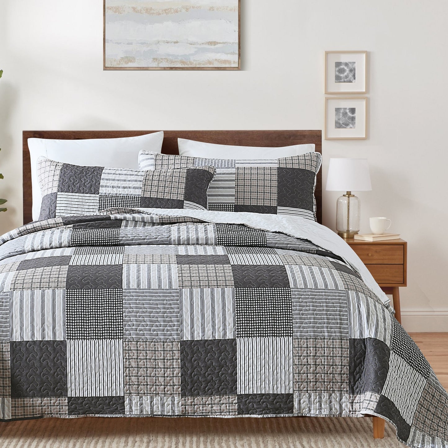 King Queen Quilt Set, Greagle 3-Piece Soft Warm Lightweight King Queen Size Summer Quilt Bedspread Machine Washable Bedding Set with 2-Piece Pillow Shams, 90x90 / 104x90 inch Plaid Print
