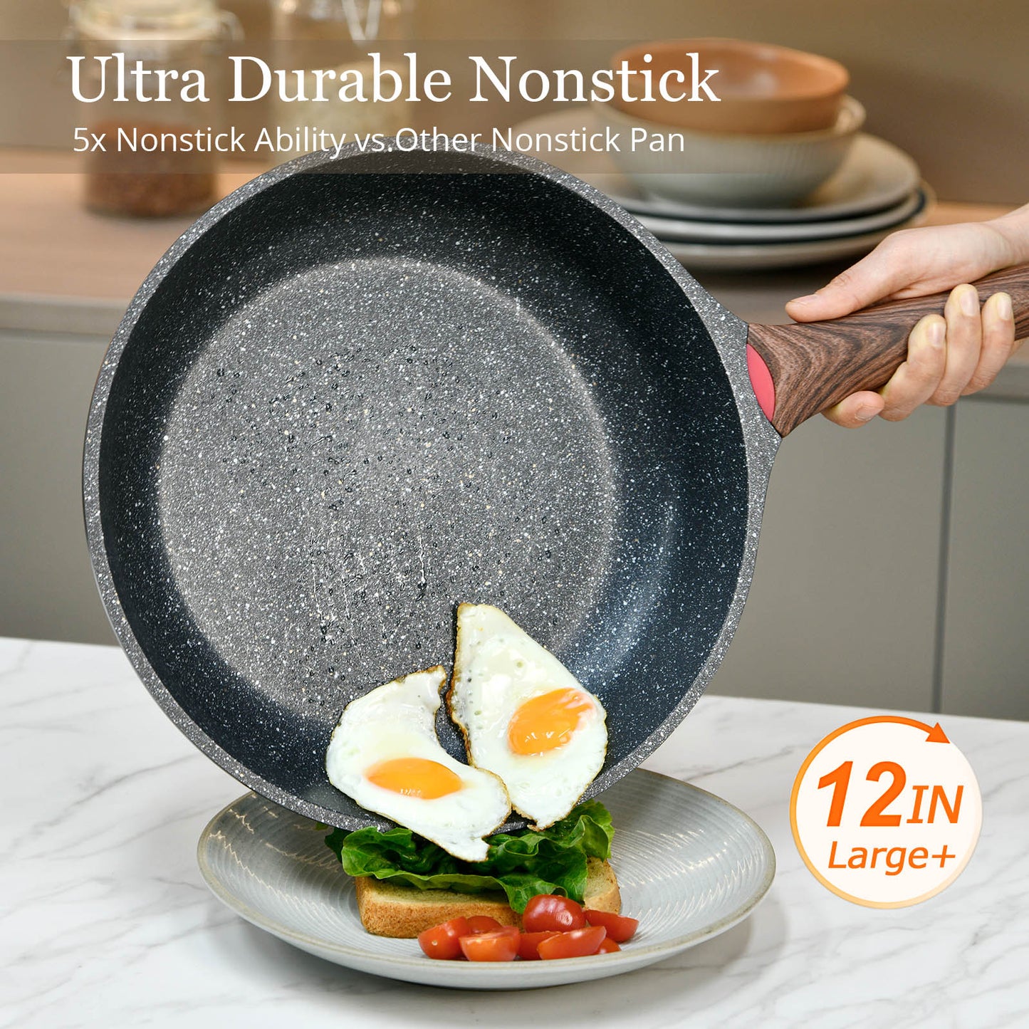 DIIG Nonstick Frying Pan with Lid, 12 in No Stick PFOA-Free Granite Stone Coating Chef's Pan, Large 30 cm Cooking Pans for Family, Gift Cookware Pan Set for Gas Stove, Induction Top