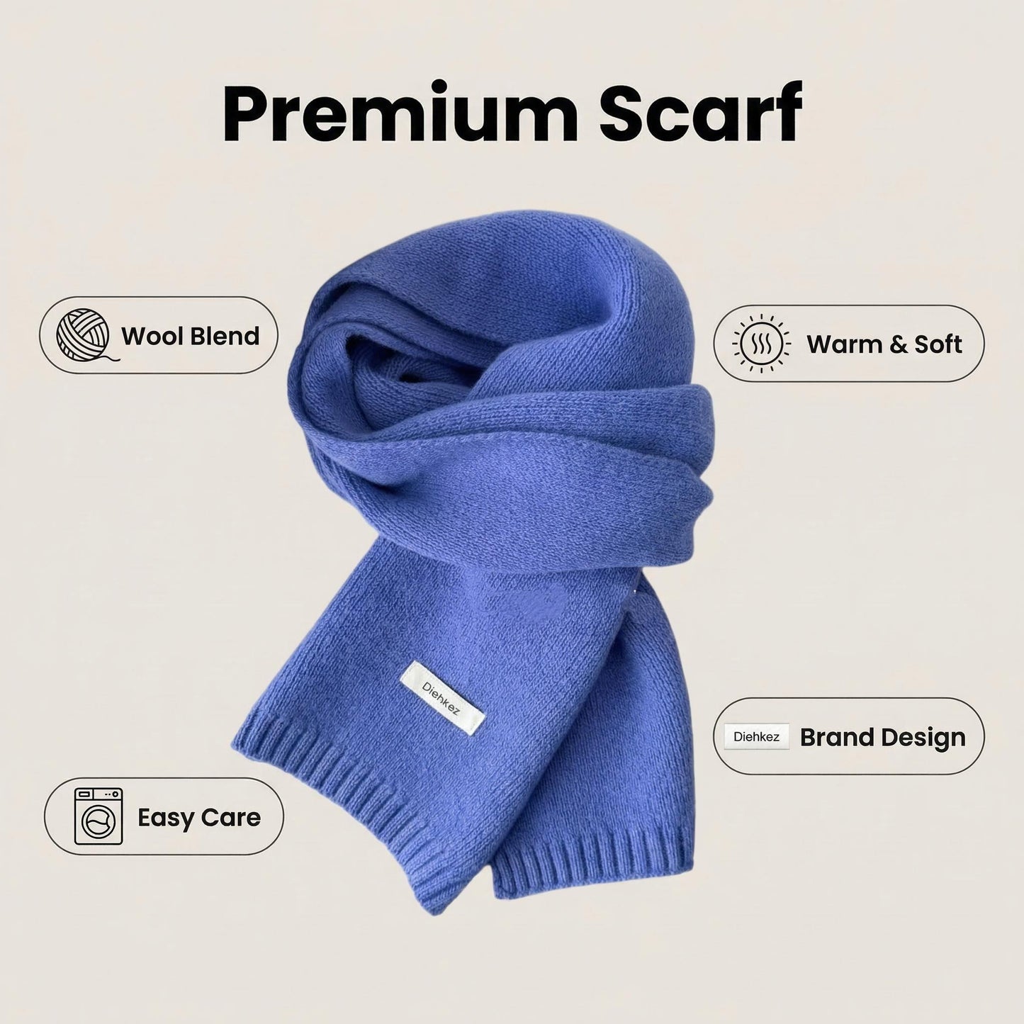 Diehkez Unisex Wool Blend Scarf, Soft Warm Knit Winter Scarf for Men & Women, Lightweight Long Scarf 20×160cm