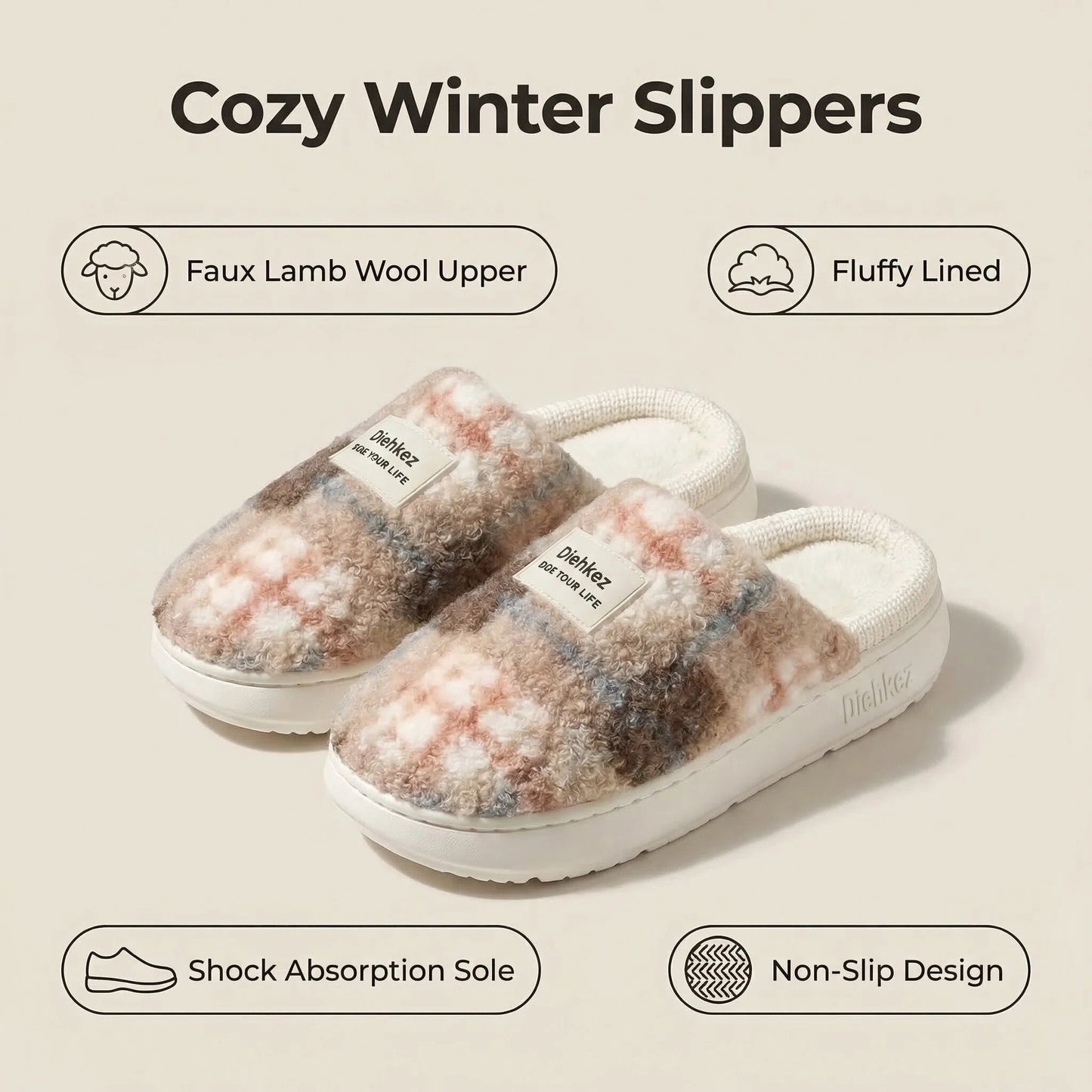 Diehkez Unisex Fuzzy Slippers, Warm Plush Sherpa Indoor House Shoes with Memory Foam Cushion, Non-Slip EVA Sole Cozy Slip-On Slippers for Men & Women