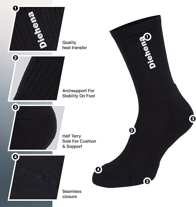 Diehena Cotton Crew Sock, Arch Support, Seamless Toe, Half Cushion Heel, Ultra Soft, Unisex European
