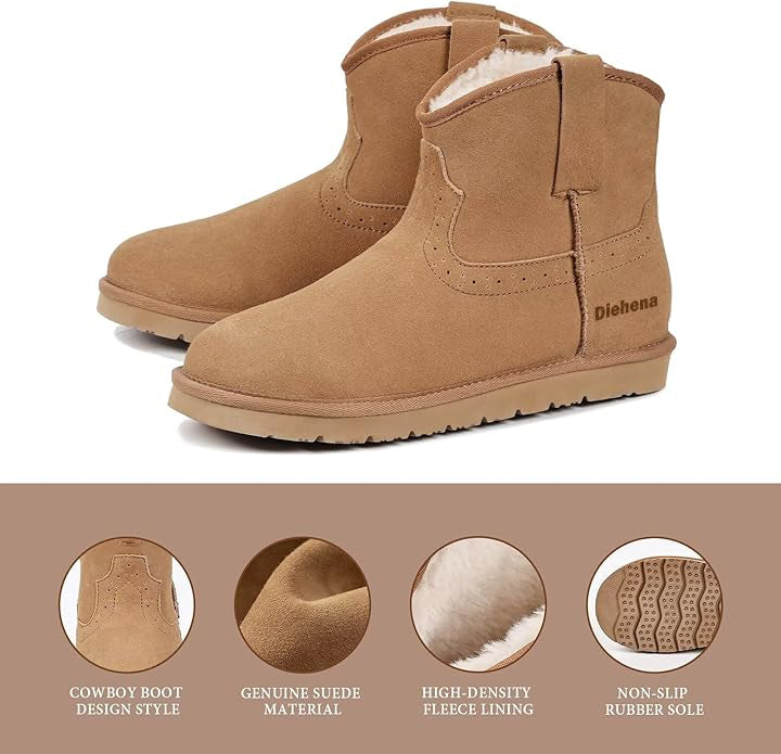 Diehena100% Genuine Leather Ankle Boots for Women, Warm Slip on Winter Boots Snow Booties