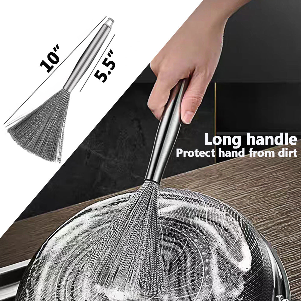 Stainless Steel Wire Brush for Cast Iron Pans, Wire Brush Cleaner for Stain Removal Heavy Duty Metal Brush Tool for Kitchen, 5.5 in Long Handle Grip for Flexible Cleaning