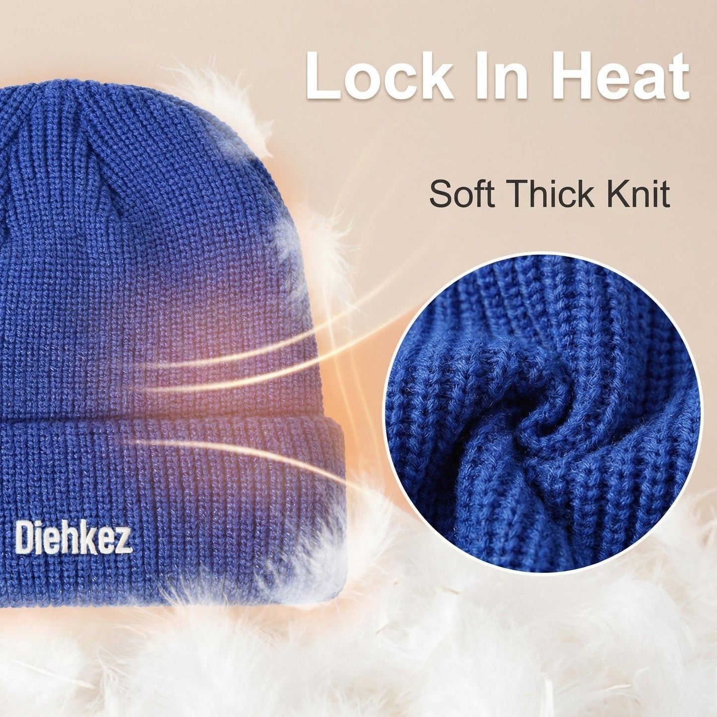 Diehkez Unisex Knit Beanie Hat, Warm Fleece Lined Winter Cap, Stretchy Soft Wool Blend Skull Cap for Men & Women One Size