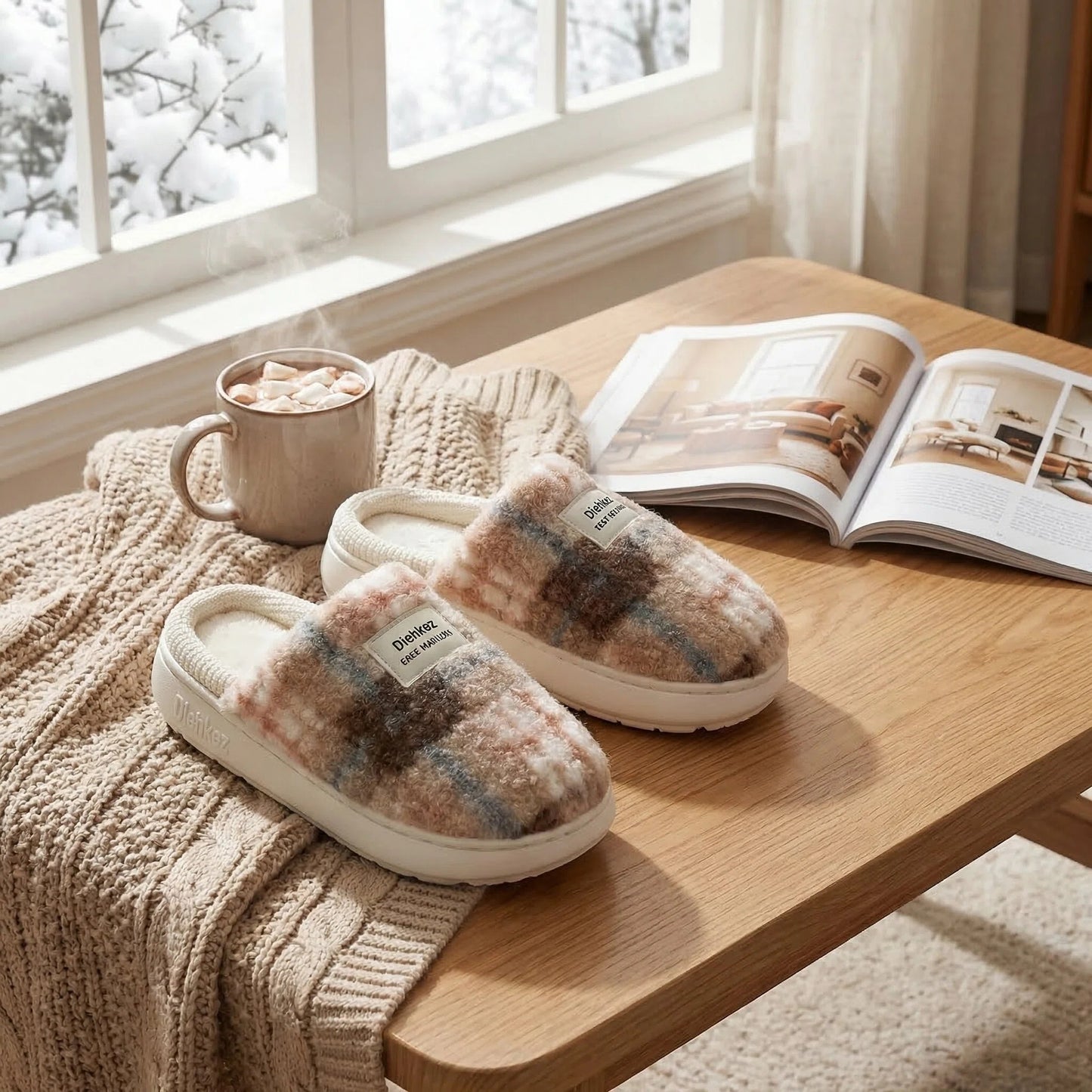 Diehkez Unisex Fuzzy Slippers, Warm Plush Sherpa Indoor House Shoes with Memory Foam Cushion, Non-Slip EVA Sole Cozy Slip-On Slippers for Men & Women