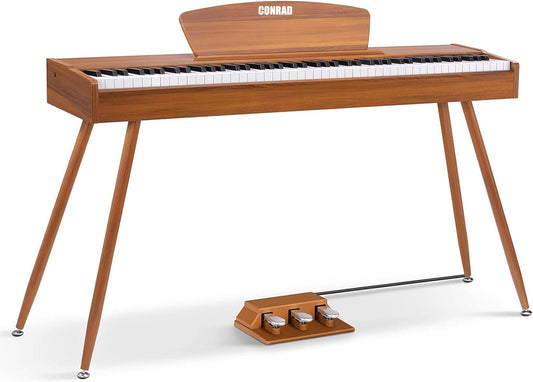 CONRAD  DDP-80 Digital Piano 88 Key Weighted Keyboard, Full-size Electric Piano for Beginners, with Sheet Music Stand, Triple Pedal, Power Adapter, Supports USB-MIDI Connecting, Retro Wood Color