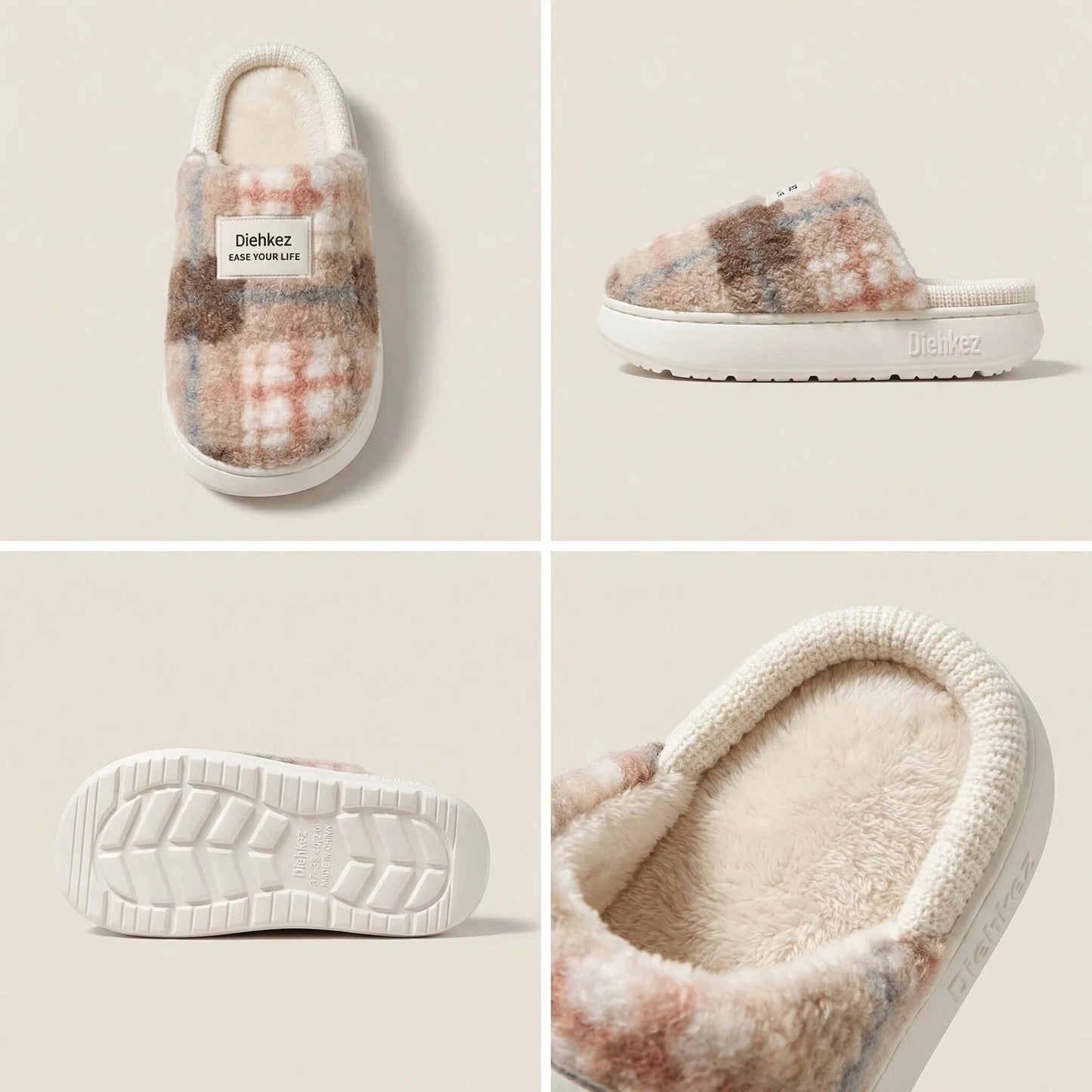 Diehkez Unisex Fuzzy Slippers, Warm Plush Sherpa Indoor House Shoes with Memory Foam Cushion, Non-Slip EVA Sole Cozy Slip-On Slippers for Men & Women