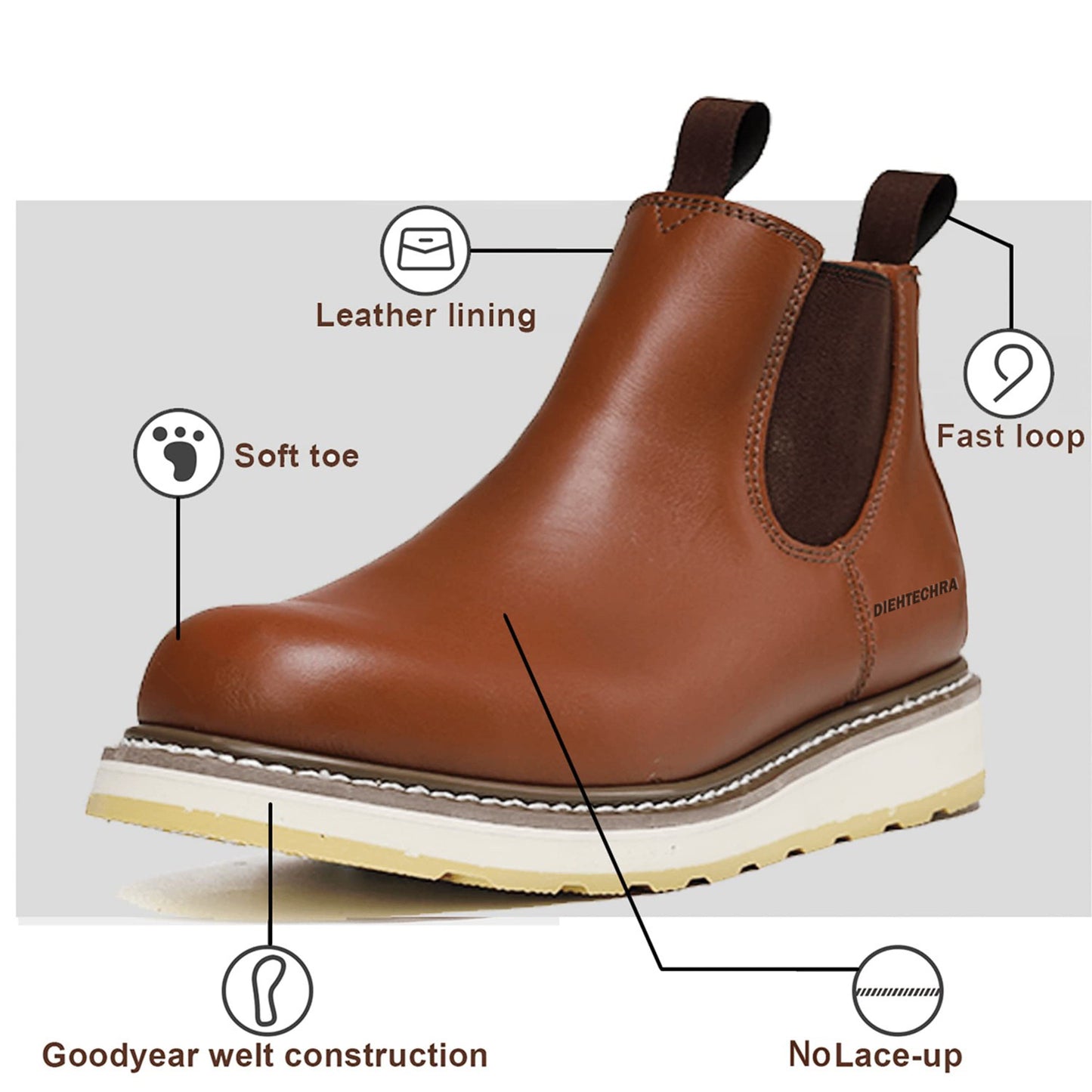 Diehtechra Slip-on Soft Toe Work Boot for Men, 6 in Leather Slip Resistant Durable Work Boot