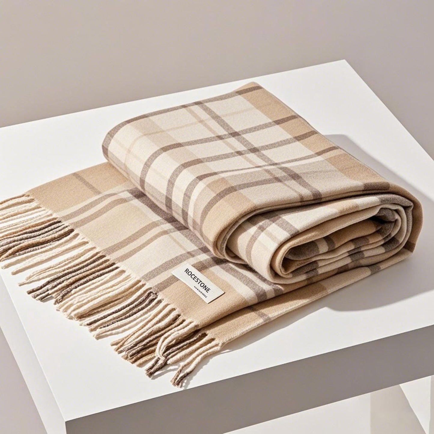 ROCESTONE Beige Plaid Scarf for Women Soft Warm Stylish Winter Accessory