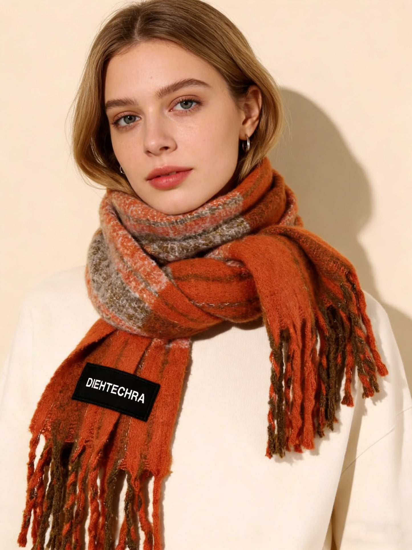 DIEHTECHRA Winter Scarf for Women Plaid Pattern Cozy Warm Tassel Shawl Wrap Scarves