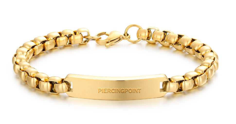 PIERCINGPOINT Men's Gold Plated Stainless Steel ID Bracelet – Engraved Personalized Link Chain, Stylish & Durable Jewelry Gift