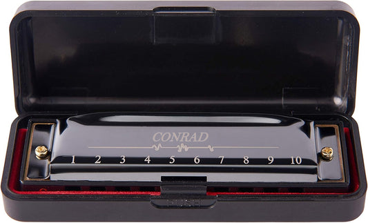 CONRAD 10 Holes 20 Tunes Mouth Organ Blues Deluxe Harmonica, Key of C for Beginner, Adults, Kids Gift, Black