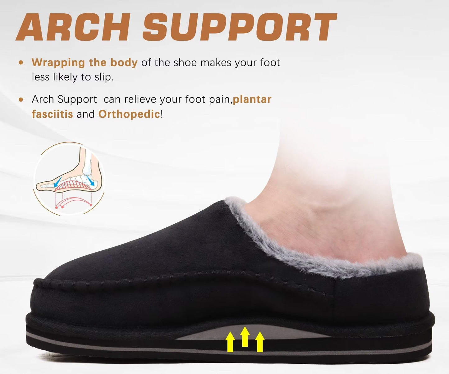 ABALONE Mens Clog Slippers with Arch Support Suede Faux Fur Memory Foam Warm House Shoes Comfortable Slip-on Mans Bedroom Indoor Outdoor Slippers