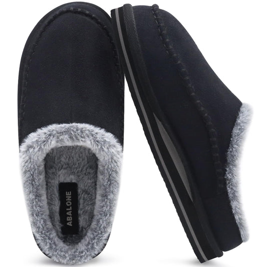 ABALONE Mens Clog Slippers with Arch Support Suede Faux Fur Memory Foam Warm House Shoes Comfortable Slip-on Mans Bedroom Indoor Outdoor Slippers