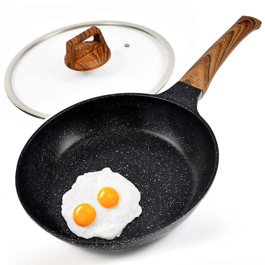 Nonstick Frying Pan with Lid, PFOA-Free Granite Stone Coating Skillet for Gas, Electric, Induction, Stove Top (11 In, 10.5 In, 9.5 In, 8 In)