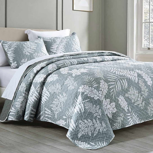 GREAGLE Queen/King Size Quilt Set, Lightweight Leaf Printed Full Size Bedspread Coverlet Set with 2 Pillow Sham, Grey Leaf