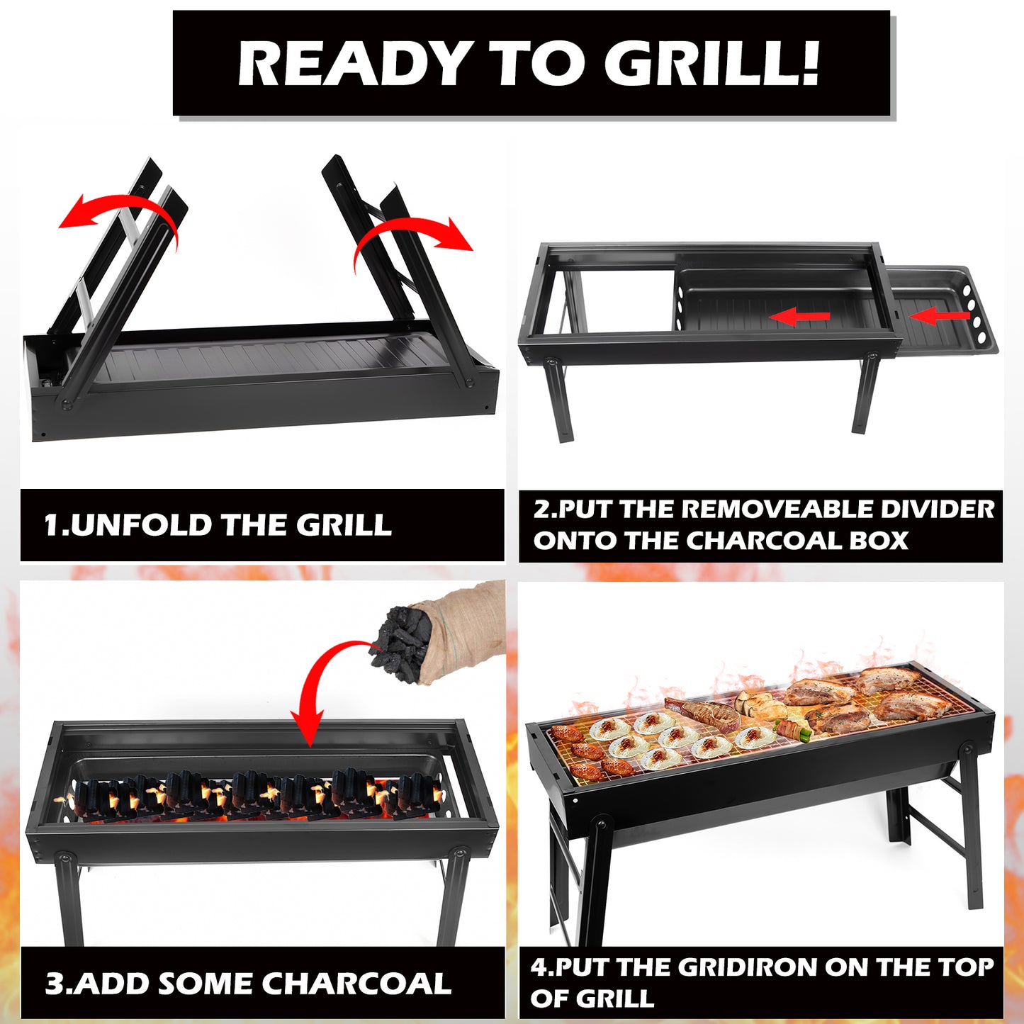 Portable Barbecue Charcoal Grill,  Folding Camping Grill 24“ for BBQ