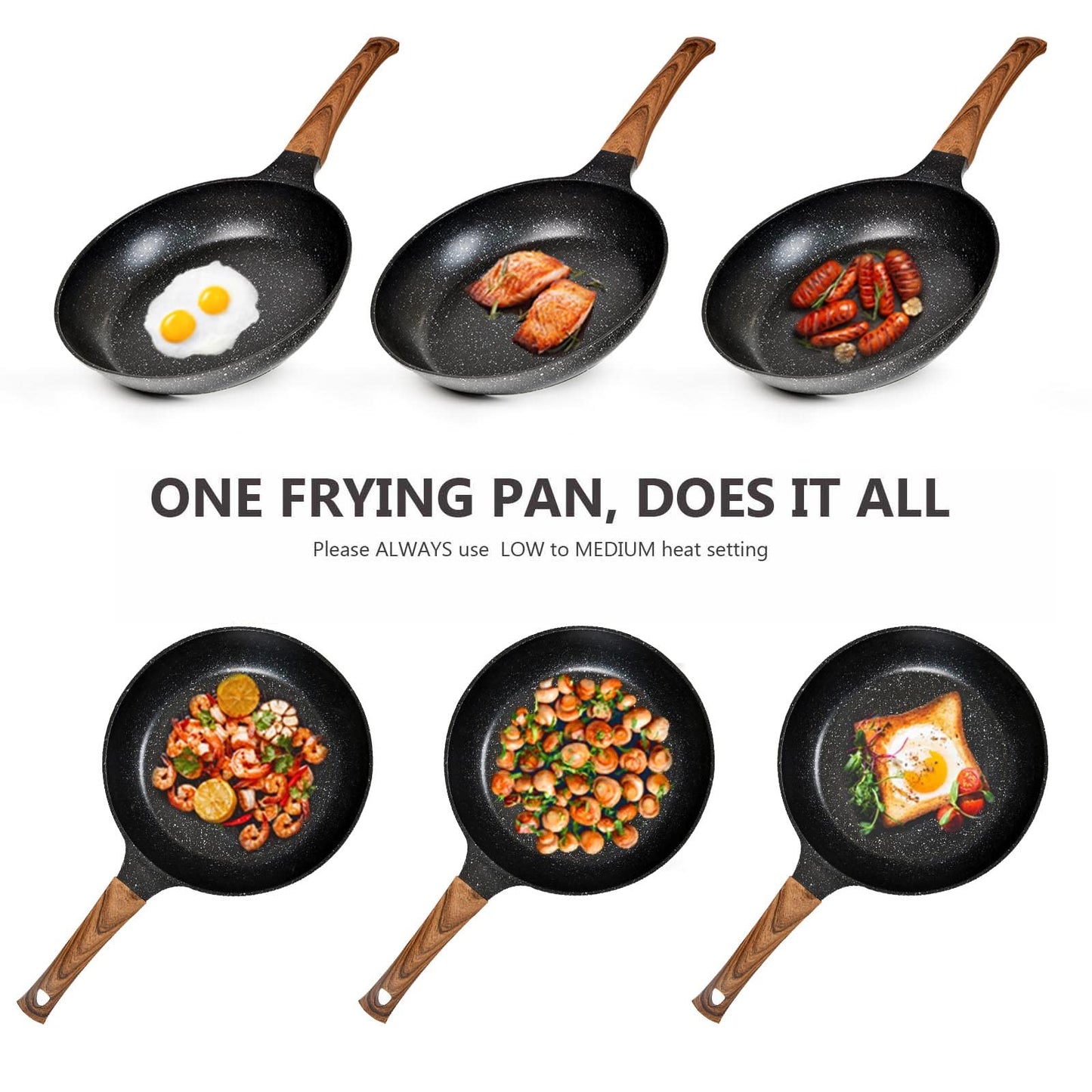 Nonstick Frying Pan with Lid, PFOA-Free Granite Stone Coating Skillet for Gas, Electric, Induction, Stove Top (11 In, 10.5 In, 9.5 In, 8 In)