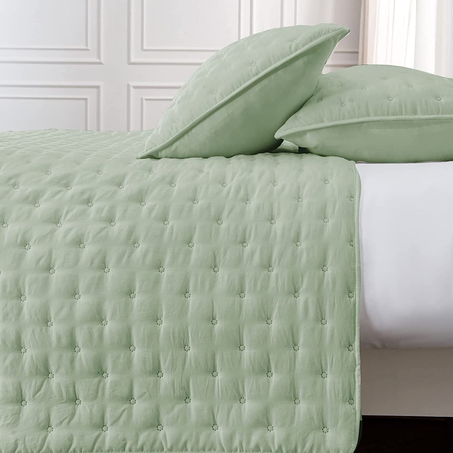 3-Piece King/Queen/Twin Quilt Set Green,Soft Warm Ultrasonic Reversible Coverlet Bedspread Set with 2 Pillow Sham