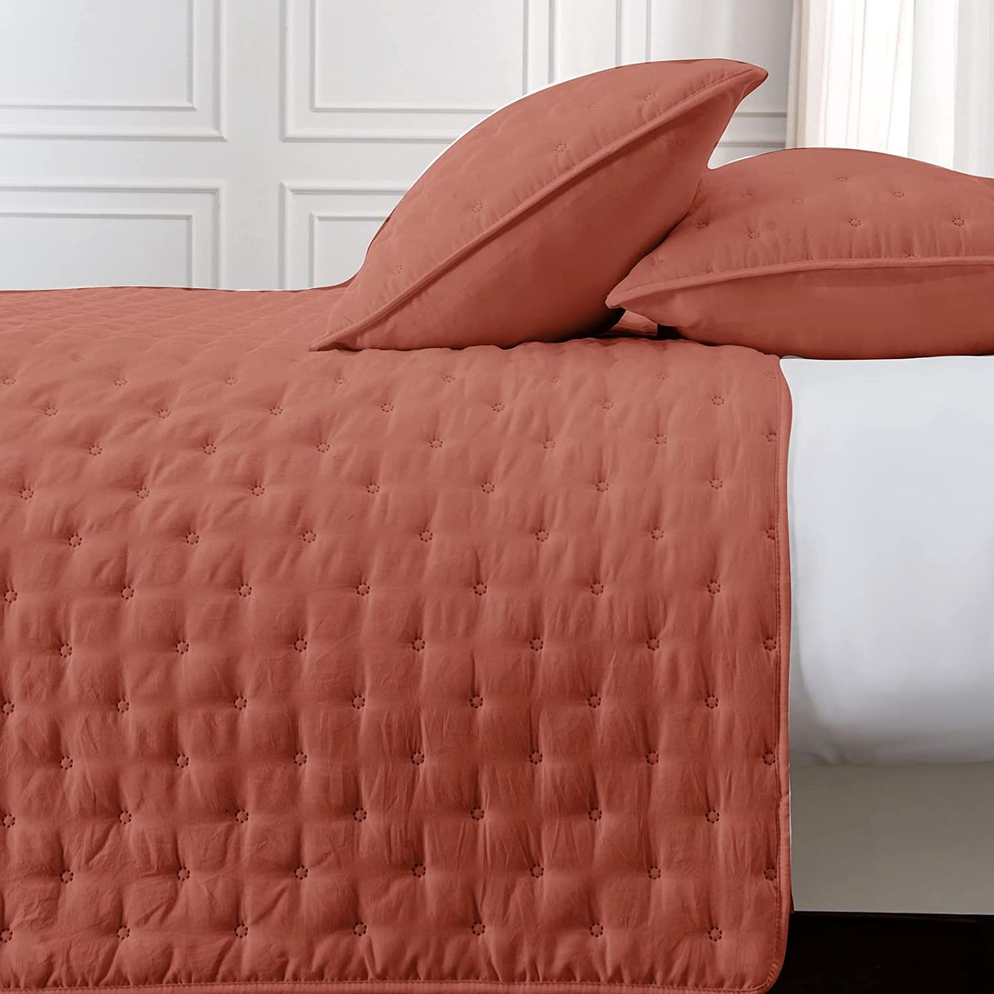 3-Piece King/Queen Burnt Orange Quilt Set,Soft Warm Ultrasonic Reversible Rust Coverlet Bedspread Set with 2 Pillow Sham