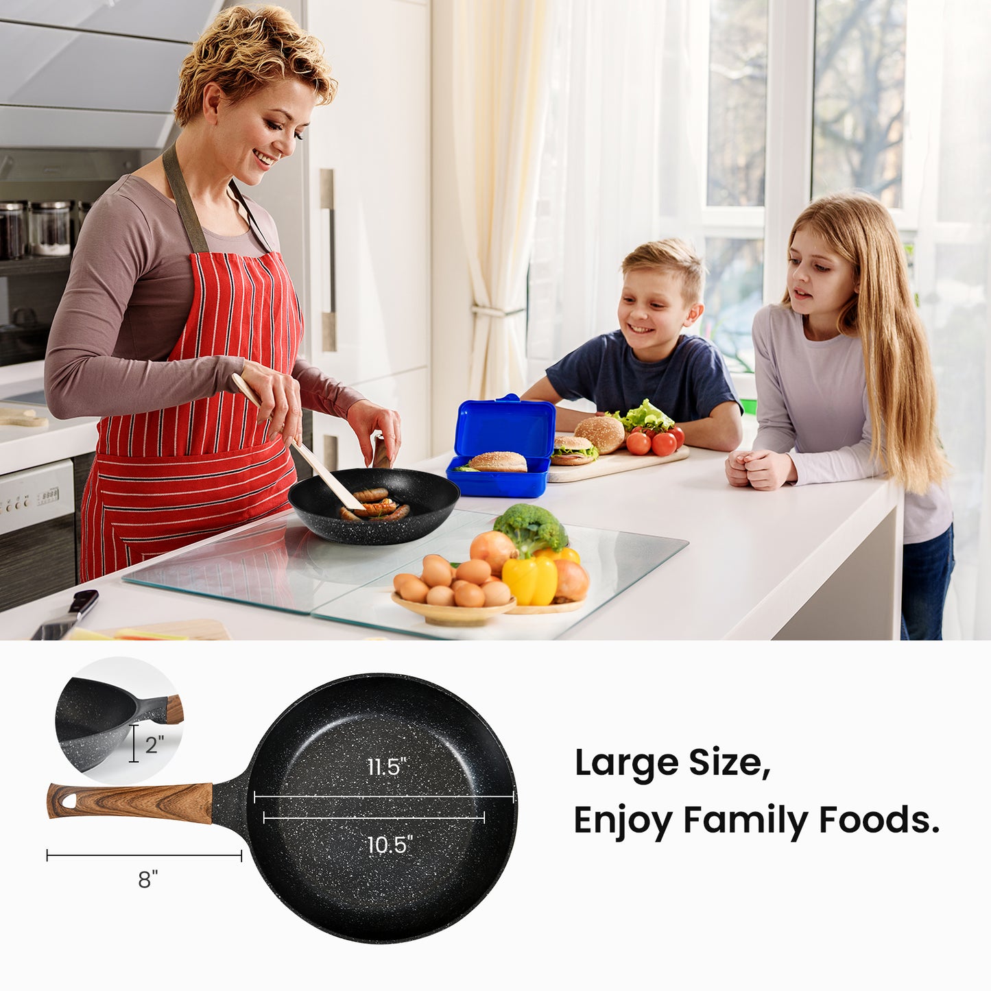 Nonstick Frying Pan with Lid, PFOA-Free Granite Stone Coating Skillet for Gas, Electric, Induction, Stove Top (11 In, 10.5 In, 9.5 In, 8 In)