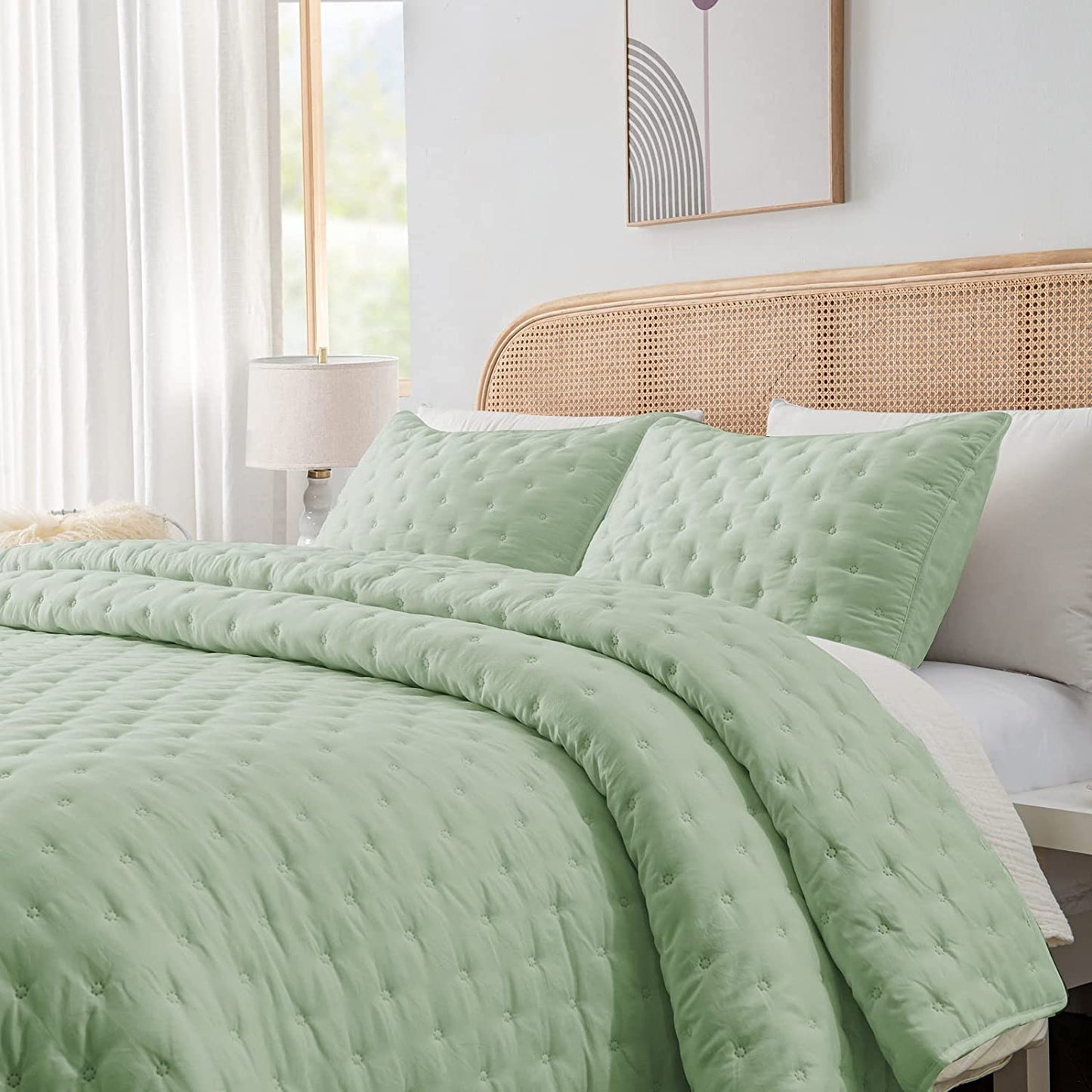 3-Piece King/Queen/Twin Quilt Set Green,Soft Warm Ultrasonic Reversible Coverlet Bedspread Set with 2 Pillow Sham