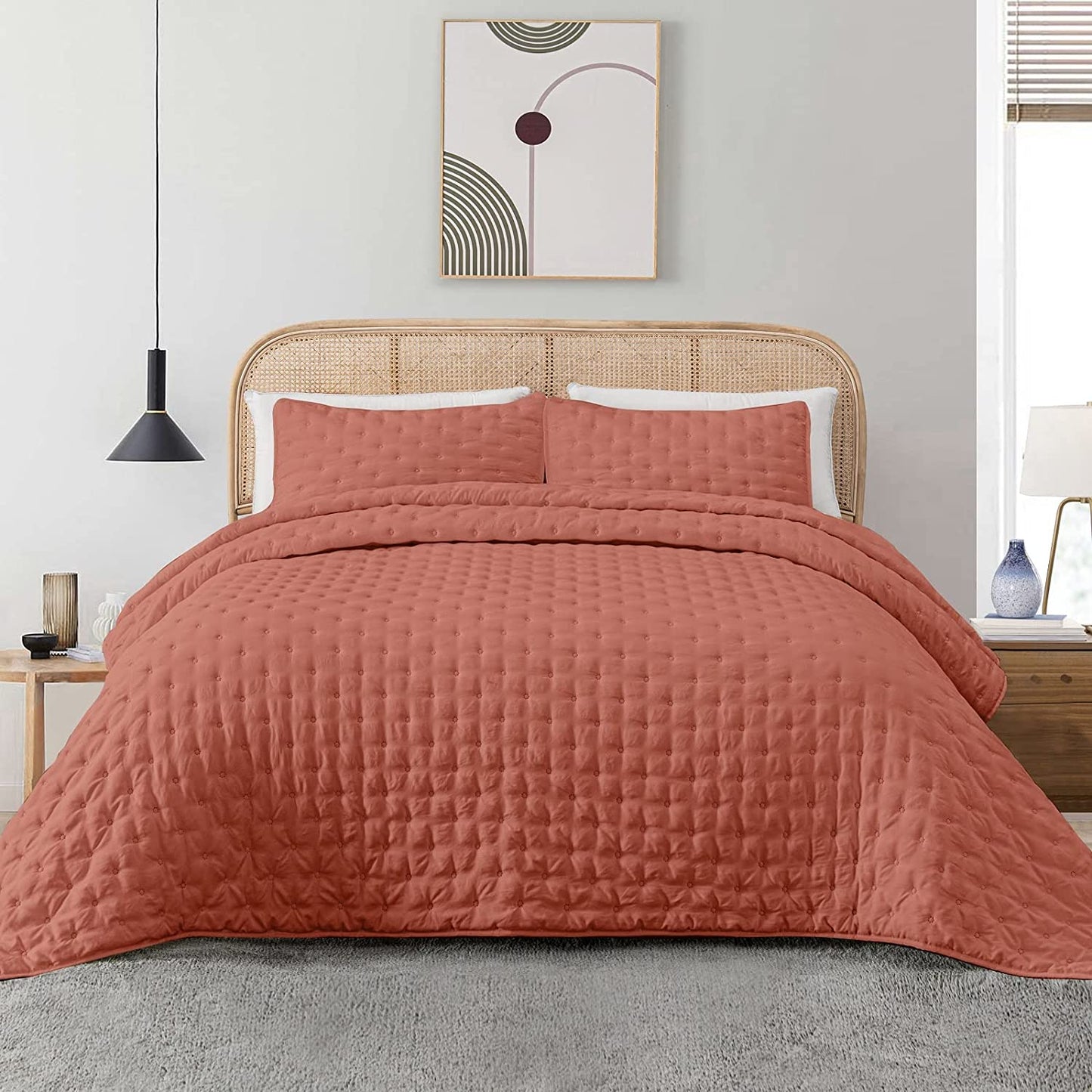 3-Piece King/Queen Burnt Orange Quilt Set,Soft Warm Ultrasonic Reversible Rust Coverlet Bedspread Set with 2 Pillow Sham