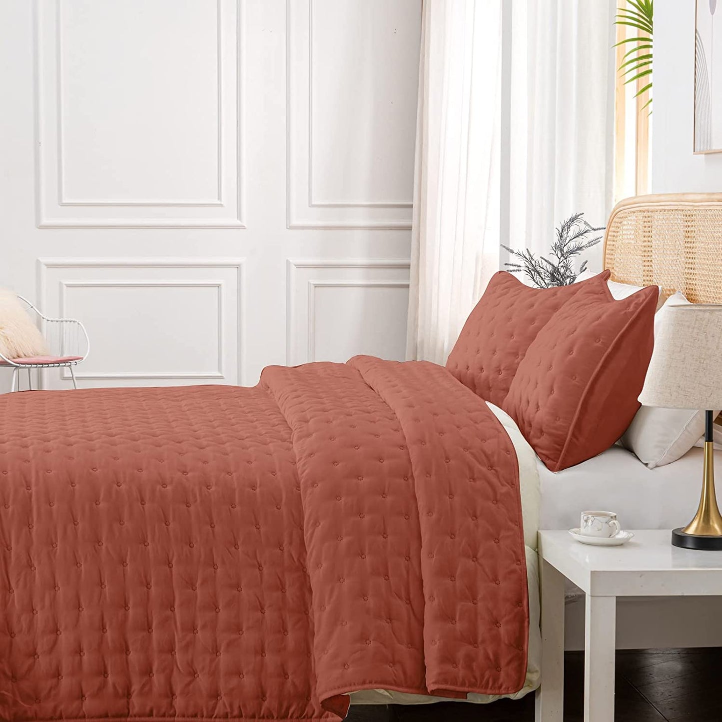 3-Piece King/Queen Burnt Orange Quilt Set,Soft Warm Ultrasonic Reversible Rust Coverlet Bedspread Set with 2 Pillow Sham