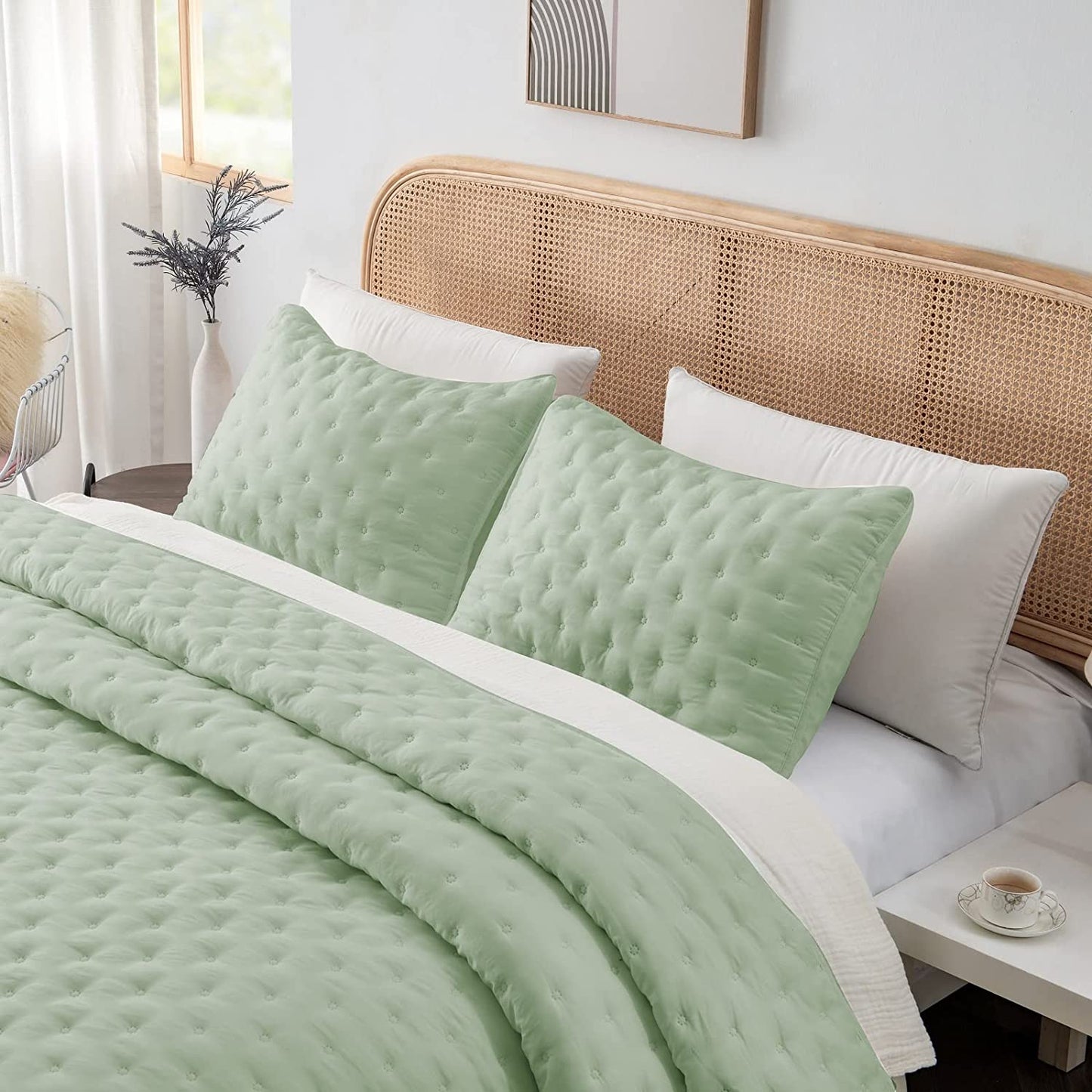 3-Piece King/Queen/Twin Quilt Set Green,Soft Warm Ultrasonic Reversible Coverlet Bedspread Set with 2 Pillow Sham