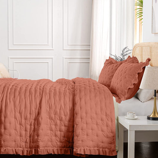 3-Piece King Burnt Orange Quilt Set,Soft Warm Ultrasonic Reversible Pleated Ruffled Coverlet Bedspread Set (104 x 90 Inch) with 2 Pillow Sham (20 x 36 Inch)
