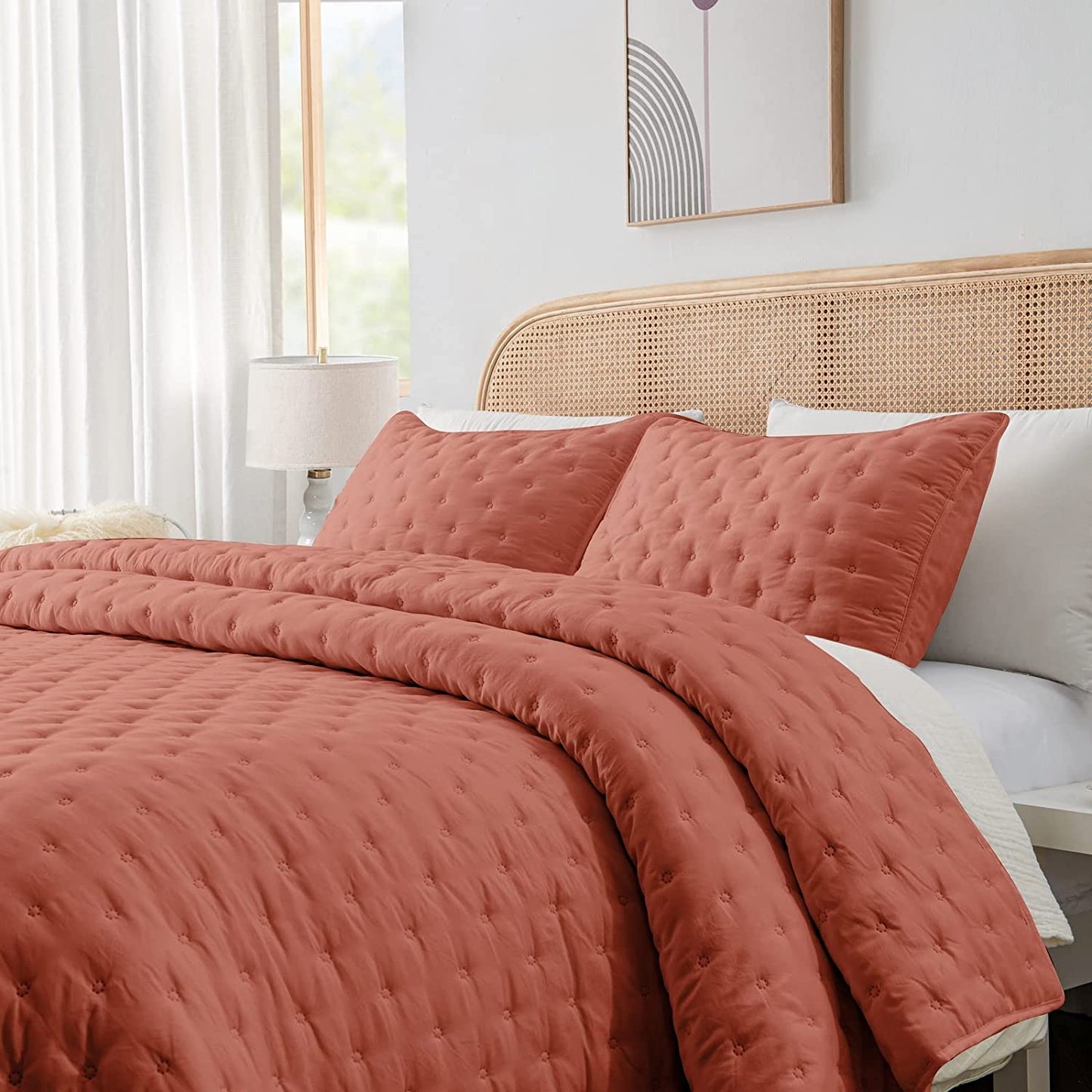 3-Piece King/Queen Burnt Orange Quilt Set,Soft Warm Ultrasonic Reversible Rust Coverlet Bedspread Set with 2 Pillow Sham
